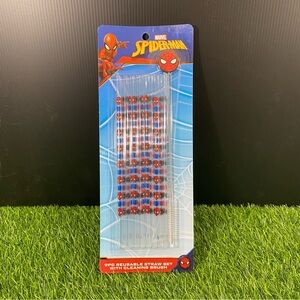 Marvel Spiderman Reuseable Plastic Drinking Straws Cleaning Brush Collection New